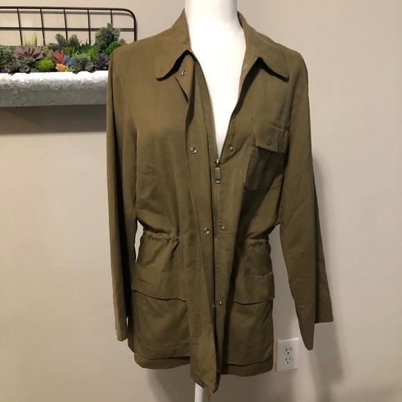 go silk Jackets & Blazers - Go Silk Olive Green Trench / Utility Jacket